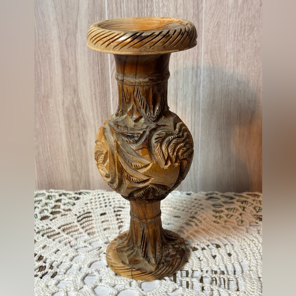 Artisan Vintage Boho Olive Carved Wooden Vase